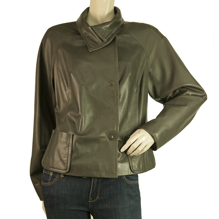 Jo Peters Olive Green Lambskin Leather Raglan Sleeves Belted Jacket