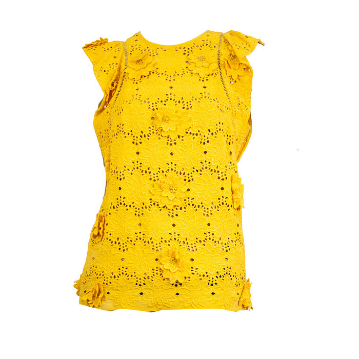 Michael by Michael Kors Yellow Silk Floral Embroidery Ruffles Top Blouse size 2