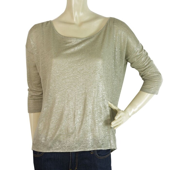 Majestic Filatures Beige Metallic Shine Linen Top Back Chain Detail Blouse Sz 1