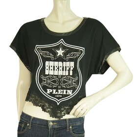 Philipp Plein Black Female Sheriff Rhinestones Short Sleeve T- Shirt lace hem