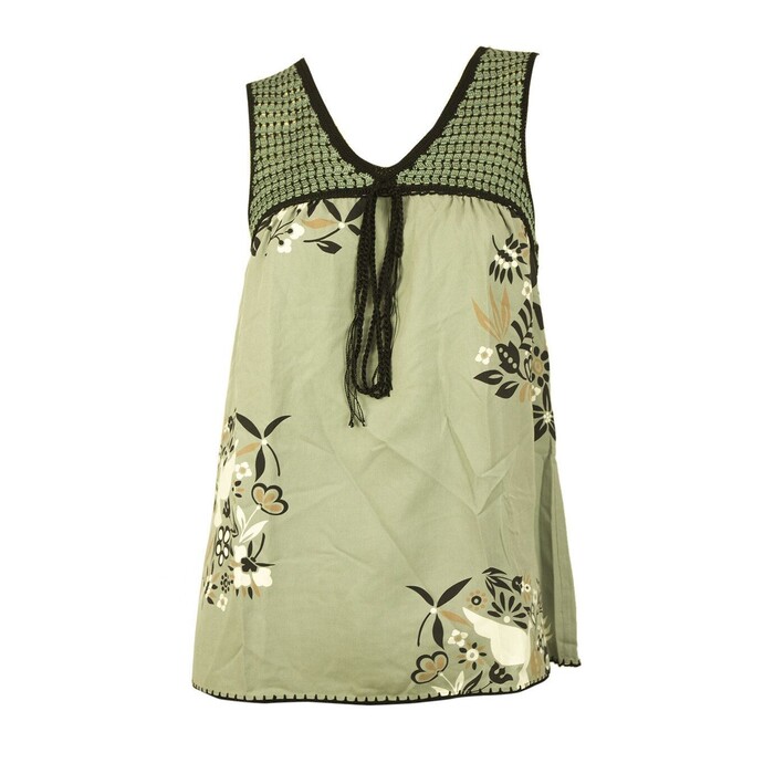 BCBG Max Azria Green Gray 100% Silk V Neck Floral Sleeveless Blouse Top size XS