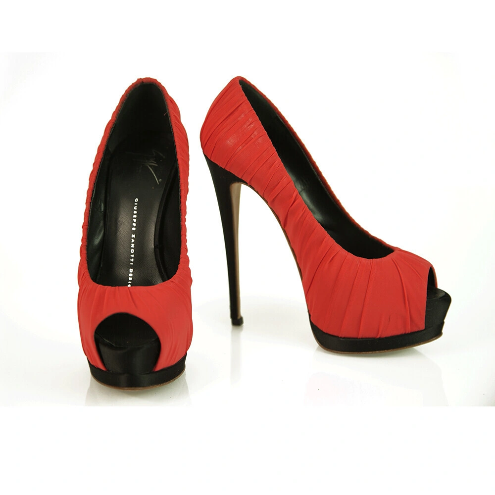Giuseppe Zanotti Coral Red Silk Fabric Black High Heels Peep Toe