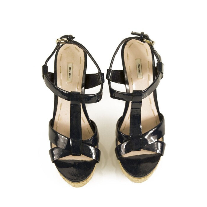 Miu Miu Dark Blue Patent Leather Jute Platform High Heel Strappy Sandals 36,5