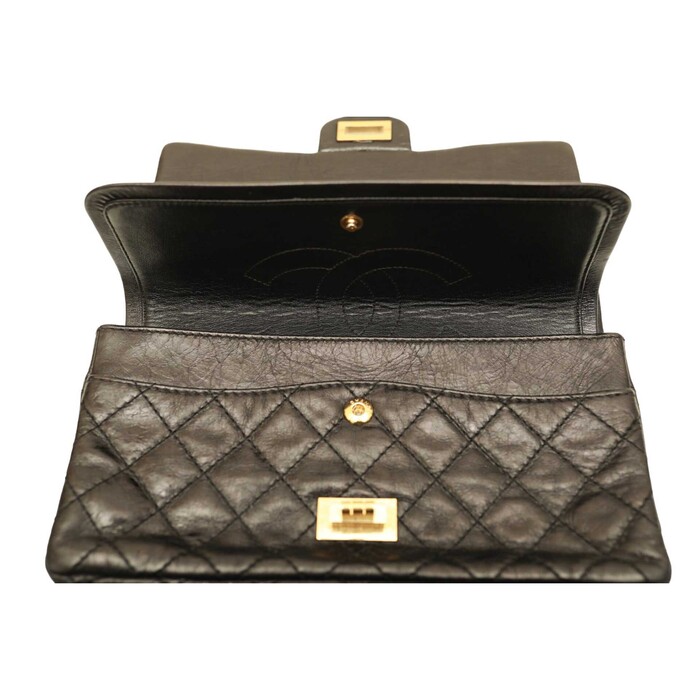 Chanel 2.55 Reissue 225 Double Flap Bag in Black with gold tone hardware small