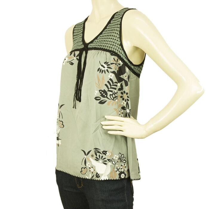 BCBG Max Azria Green Gray 100% Silk V Neck Floral Sleeveless Blouse Top size XS