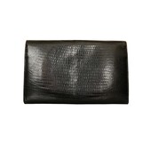 Gianfranco Ferre Black Lizard Leather Flap Top Clutch Bag Goldtone Lion Paw