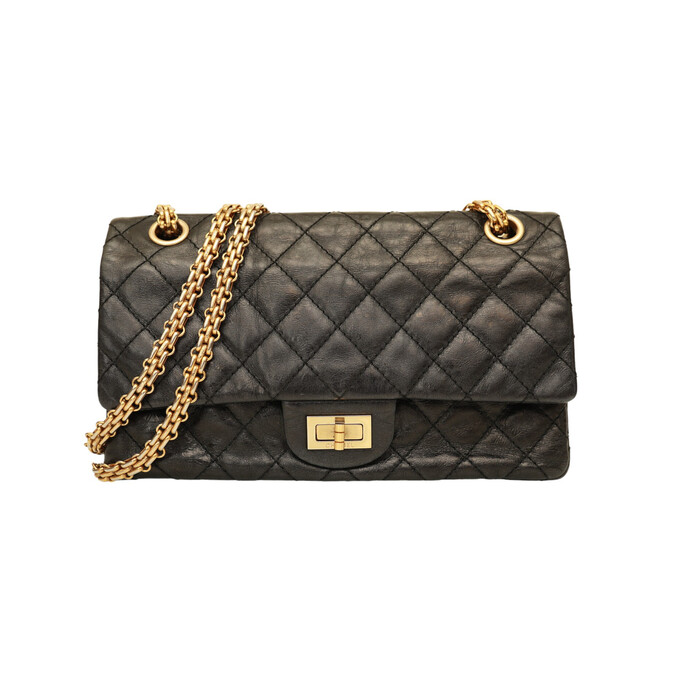 Chanel 2.55 Reissue 225 Double Flap Bag in Black with gold tone hardware small