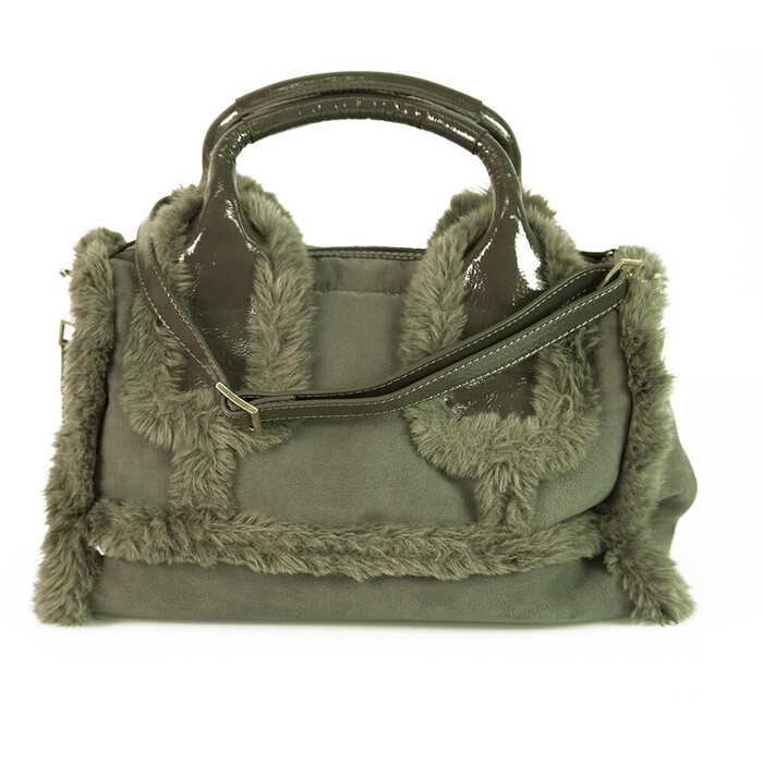 Ferre Milano Gray Shearling Fur & Patent Leather Satchel Shoulder Bag Handbag