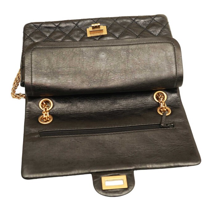 Chanel 2.55 Reissue 225 Double Flap Bag in Black with gold tone hardware small