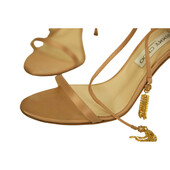 Jimmy Choo Champagne Gold Satin Tie Ankle Tassel Sandals Slim Heel Shoes 39.5