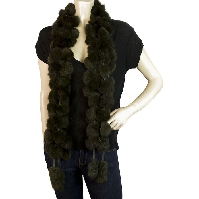 Black Long Rabbit Fur Pom Poms Evening Long Scarf Shawl Wrap