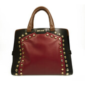 Just Cavalli Black Red Brown Leather Large Studded Top Handles Grab bag Handbag