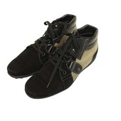 Tod's Black Suede Beige Canvas High Top Sneakers Shoes Lace Up size 37.5