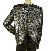 R+A Silver Black Leopard Fully Sequined Half Zipper Fashion Jacket size M