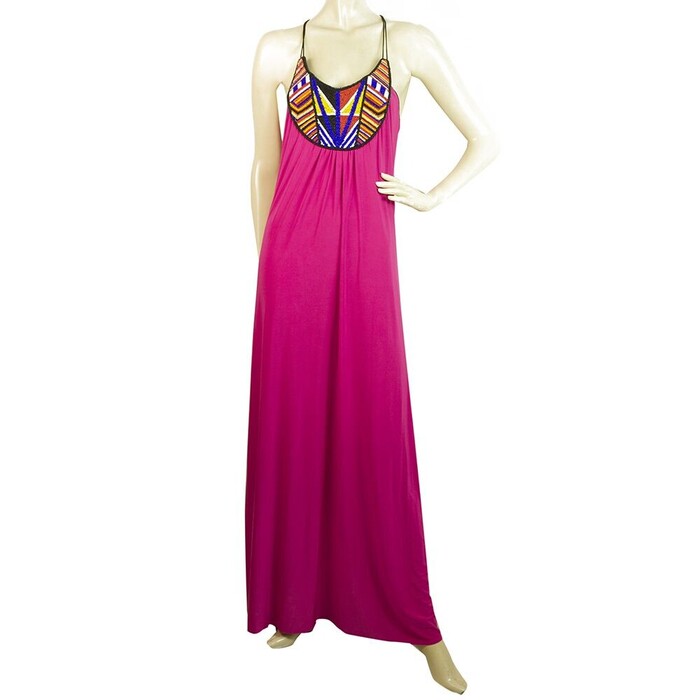 T - Bags Los Angeles Fuchsia with Beaded Bib Racer Back Maxi Dress