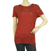 IRO Clay Red Linen Short Sleeve T-shirt Top with Holes size XS