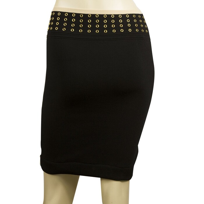 Black Elasticated Knit Mini Skirt w. Rivets at the Waist or Hemline Beige Trim