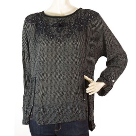 High (Use) Black &amp; Blue w. White Dots Long Sleeves Top Blouse size 46