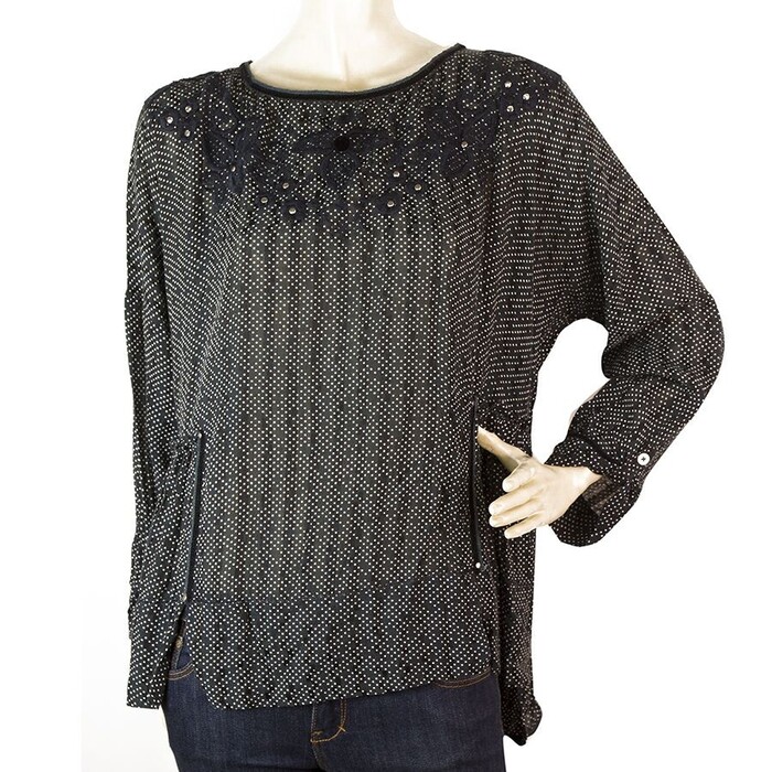 High (Use) Black & Blue w. White Dots Long Sleeves Top Blouse size 46