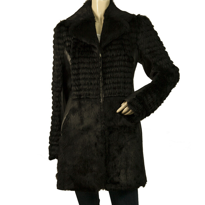 Thes & Thes Black Fur & Leather Long Sleeve Zipper Front Jacket Coat