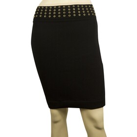 Black Elasticated Knit Mini Skirt w. Rivets at the Waist or Hemline Beige Trim