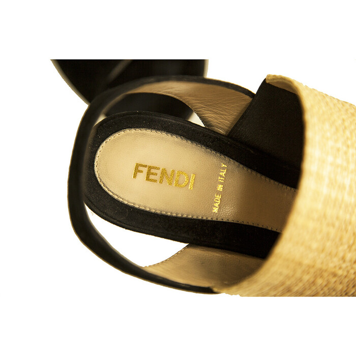 Fendi Black Suede Beige Raffia Open Toe Sandals Shoes Slingback Heels size 39