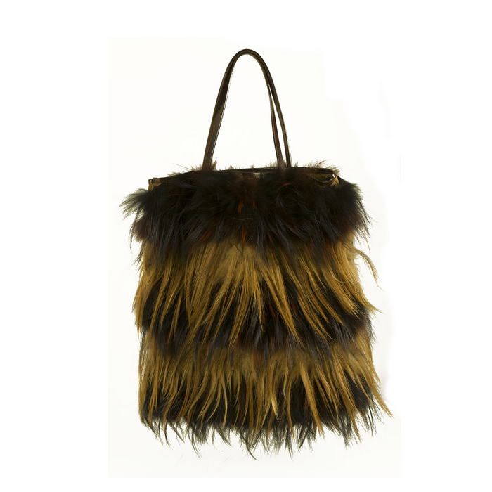 Fendi Long Hair Fox Stripped Fur Brown Leather Shoulder Bucket Tote Bag Handbag