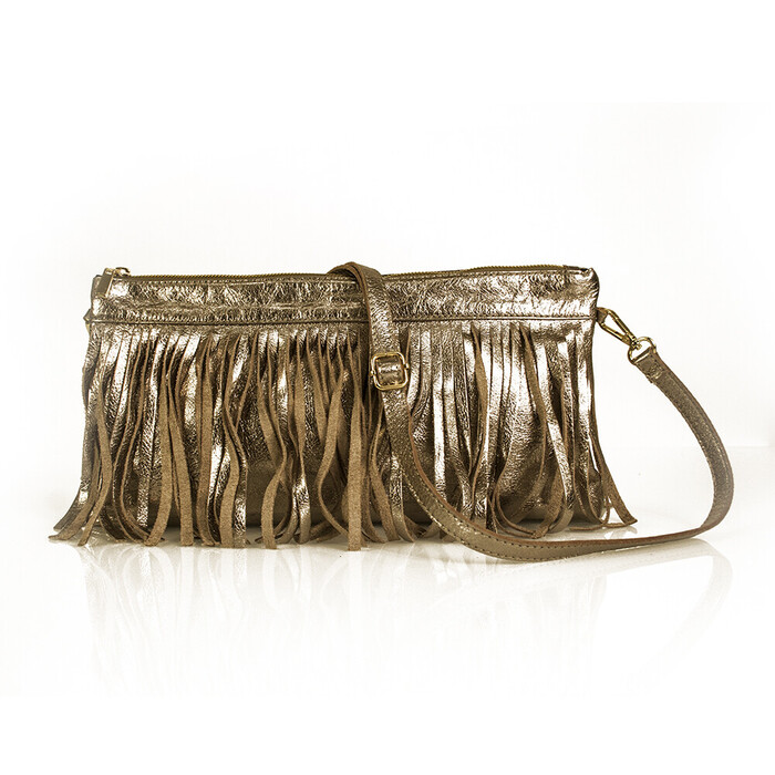 Genuine Bronze Metallic Leather Boho Hippie Shoulder Bag with Fringes Handbag