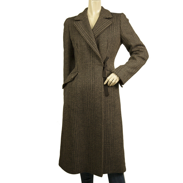 Prada Brown, Beige & Black Tweed Virgin Wool below the knee Coat with bow sz 42