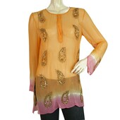 A ce soir Orange Silk Paisley Sequins Blouse Tunic Kaftan Cover Up Top sz S