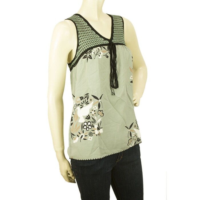 BCBG Max Azria Green Gray 100% Silk V Neck Floral Sleeveless Blouse Top size XS