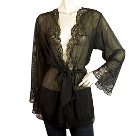 Cotton Club Black Lace Intimate Lingerie Kimono Robe Cardigan Top sz L