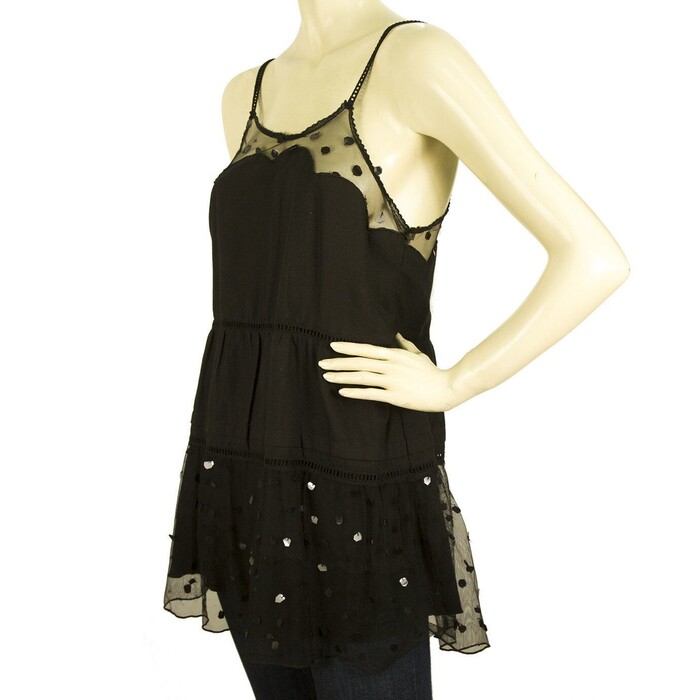 See by Chloe Black Long Cami Top Blouse with Tulle Spghetti Straps size 44