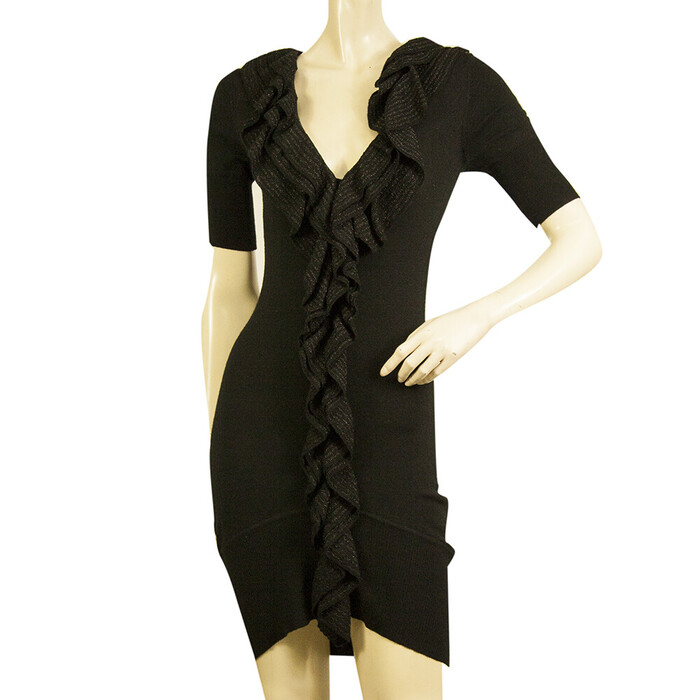 Karen Millen Black Ruffled Front Mini Length Short Sleeve Woolen Knit dress Sz 1