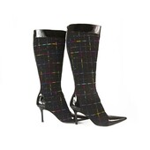 Gina Tweed Fabric Black Patent Leather Boots Slim heels Shoes Back Zipper sz 6