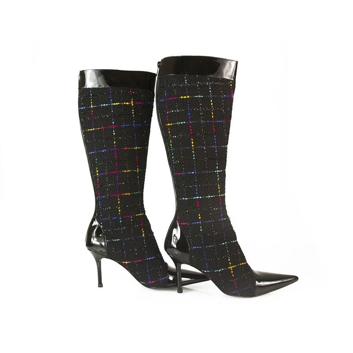 Gina Tweed Fabric Black Patent Leather Boots Slim heels Shoes Back Zipper sz 6