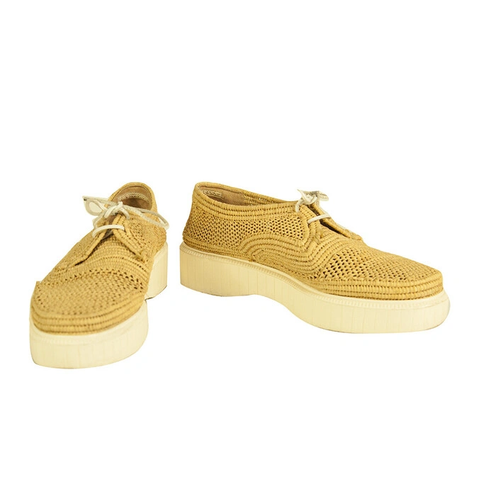 Robert Clergerie Beige Raffia Loafers Platform Wedge Lace Shoes