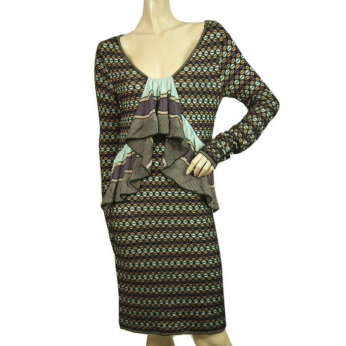 M Missoni Black & Multicolor Knitted Long Sleeve Ruffle knee length dress 42 IT