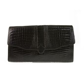Vintage Black Croco Gold Tone Chain Flap Top Clutch Shoulder Evening Bag Handbag
