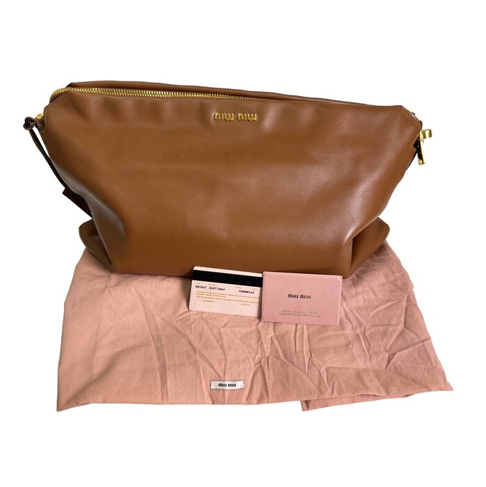 Miu Miu Large Sacca soft calf canella brown gold hardware top single handle bag