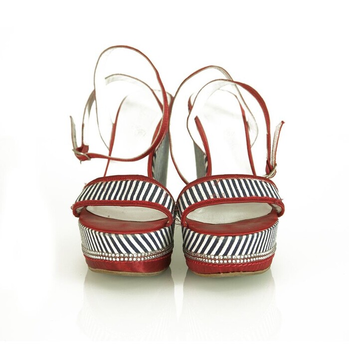 Solo Per Te Blue White Stripes Red Crystals Wedge Platform Sandals shoes ( 39 ?)