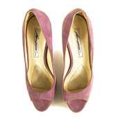 Brian Atwood Pink Purple Suede Open Toe Pumps Slim High Wooden Heels Shoes sz 37