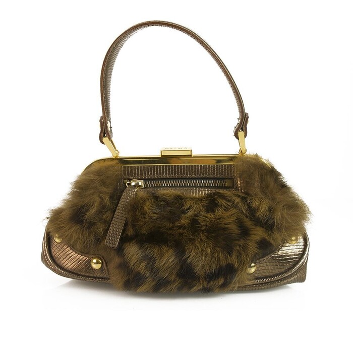 DESMO Genuine Fur with Bronze Metallic Lizard embossed leather Handbag Bag Purse