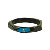 CHANEL CC Logo Bangle Bracelet In Black Resin with teal background Geometric cuff