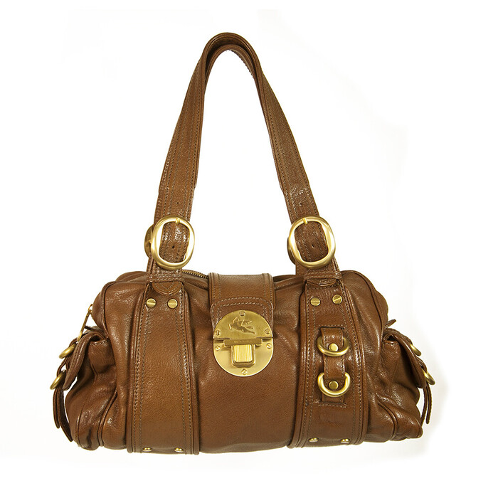 ETRO Brown Leather Double Handles Zip Top Shoulder Bag Handbag Gold Hardware