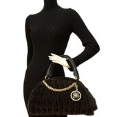 Juicy Couture Brown pleated Velvet Black Leather Bag Handbag Bowler charm