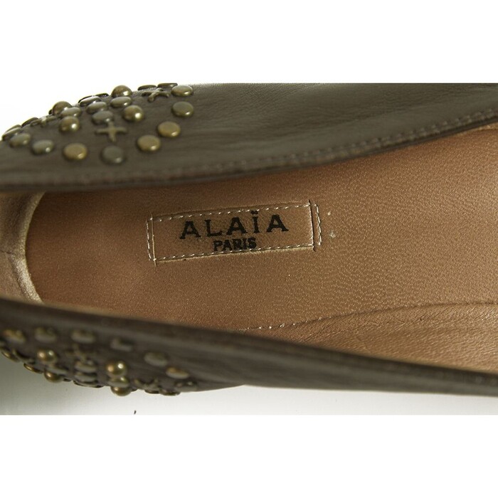 Alaia Brown Leather Brass Tone Studded Ballerina Shoes Ballet Flats 36.5