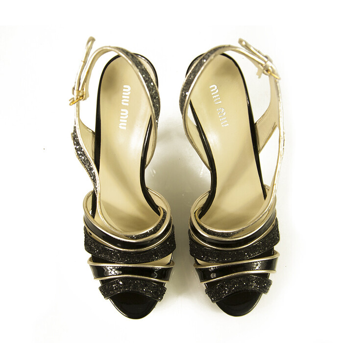 Miu Miu Black Glitter Gold Tone Trim  Silver High Heel Strappy Sandals Shoes 40