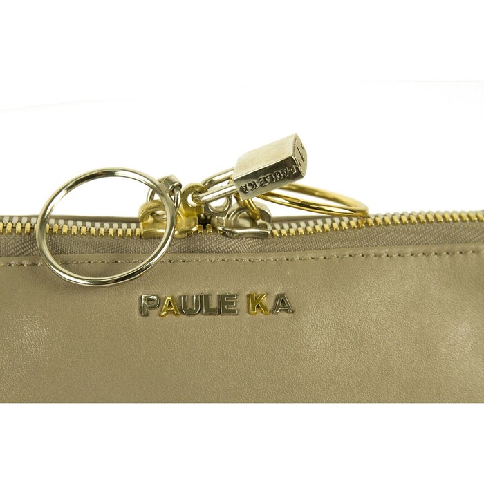 PAULE KA taupe leather with ring zipper pulls & padlock Clutch bag Handbag