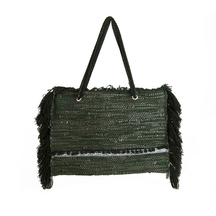 Ange Black Cotton Weave Boho Hippie Oversize Shoulder Bag with Fringes Handbag